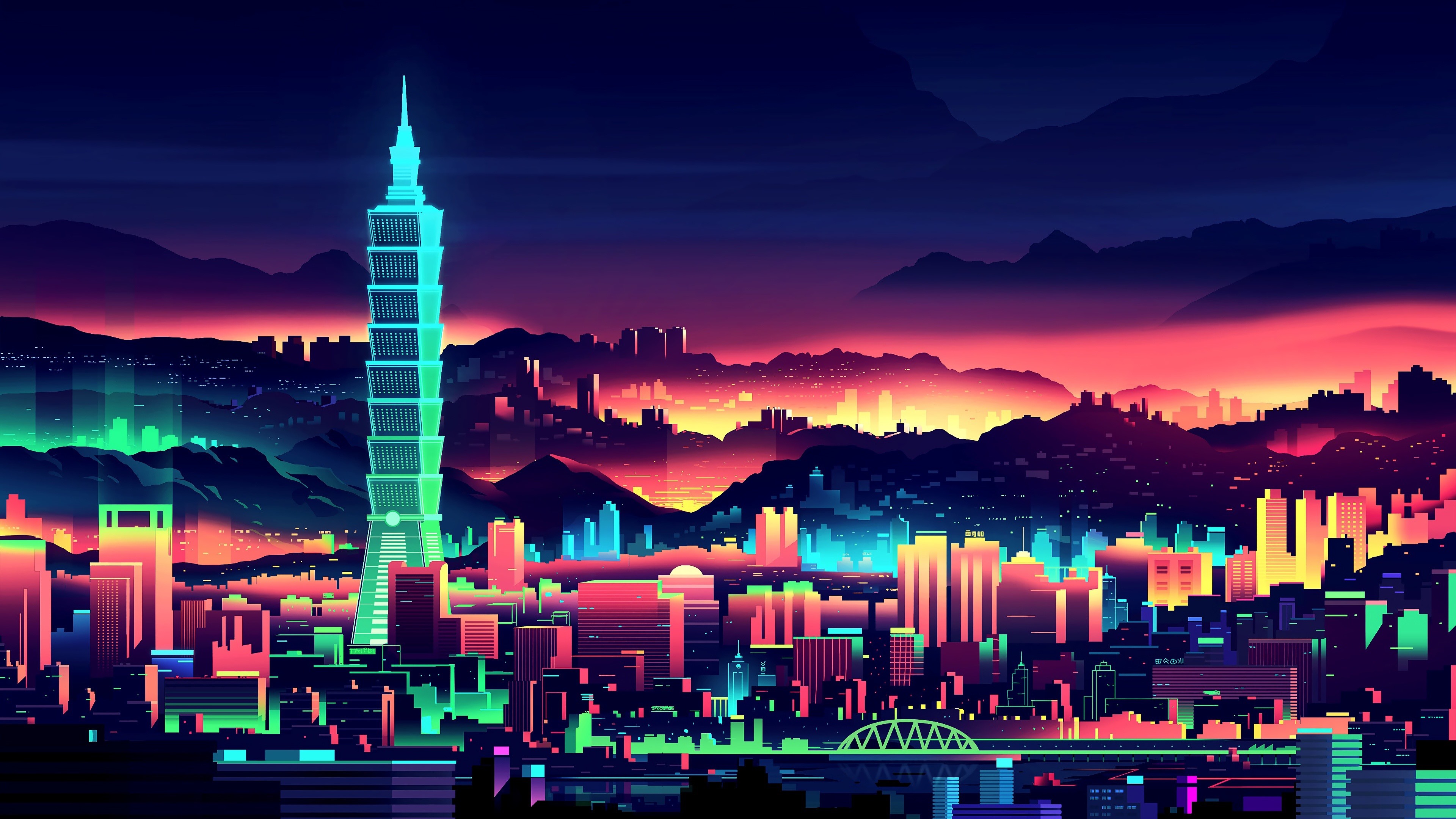 3840x2160 Wallpaper Vector Picture, Taiwan, City, Skyscrapers, Art