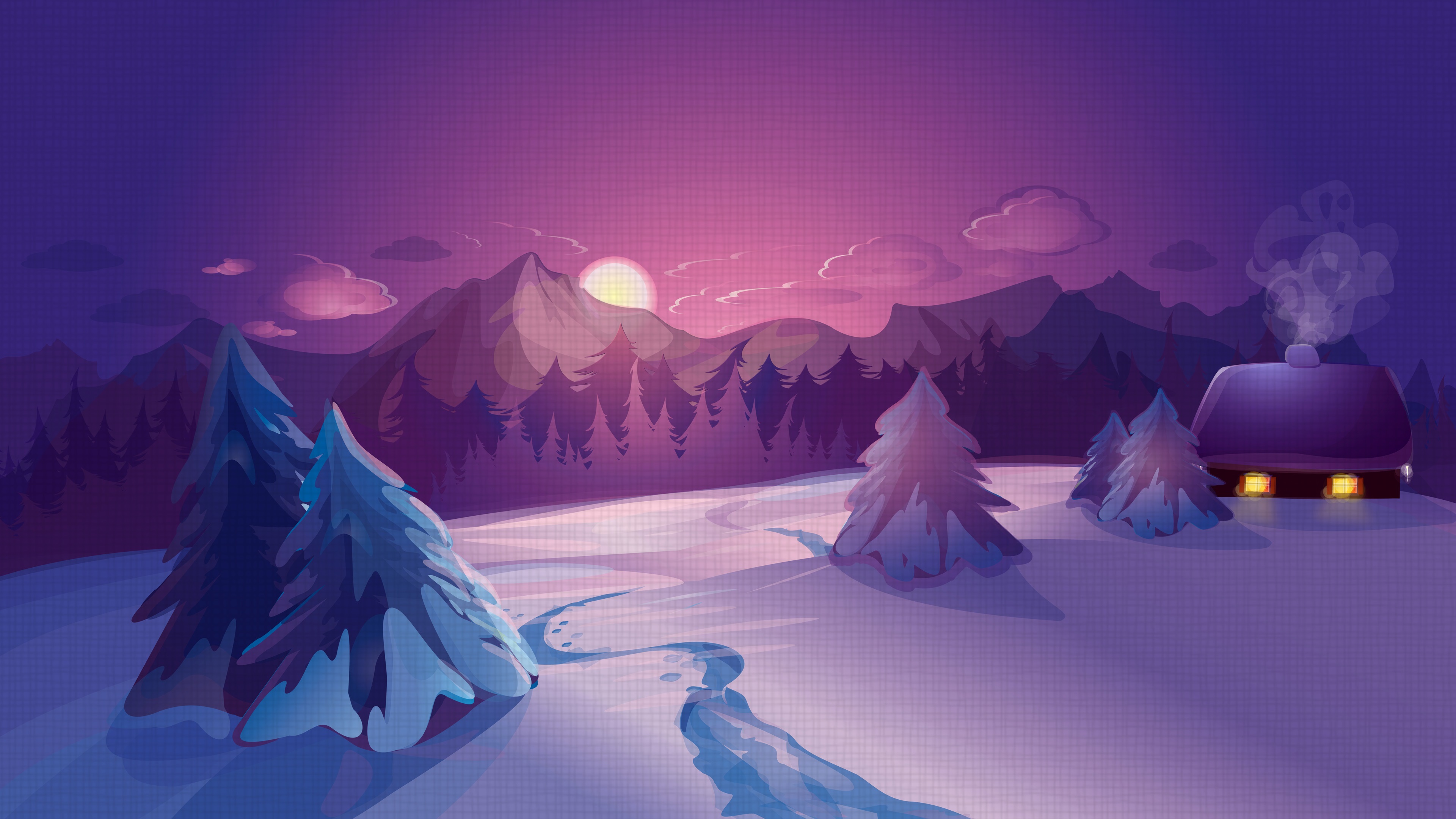 3840x2160 Wallpaper Vector Picture, Winter, Snow, Hut, Night Uhd