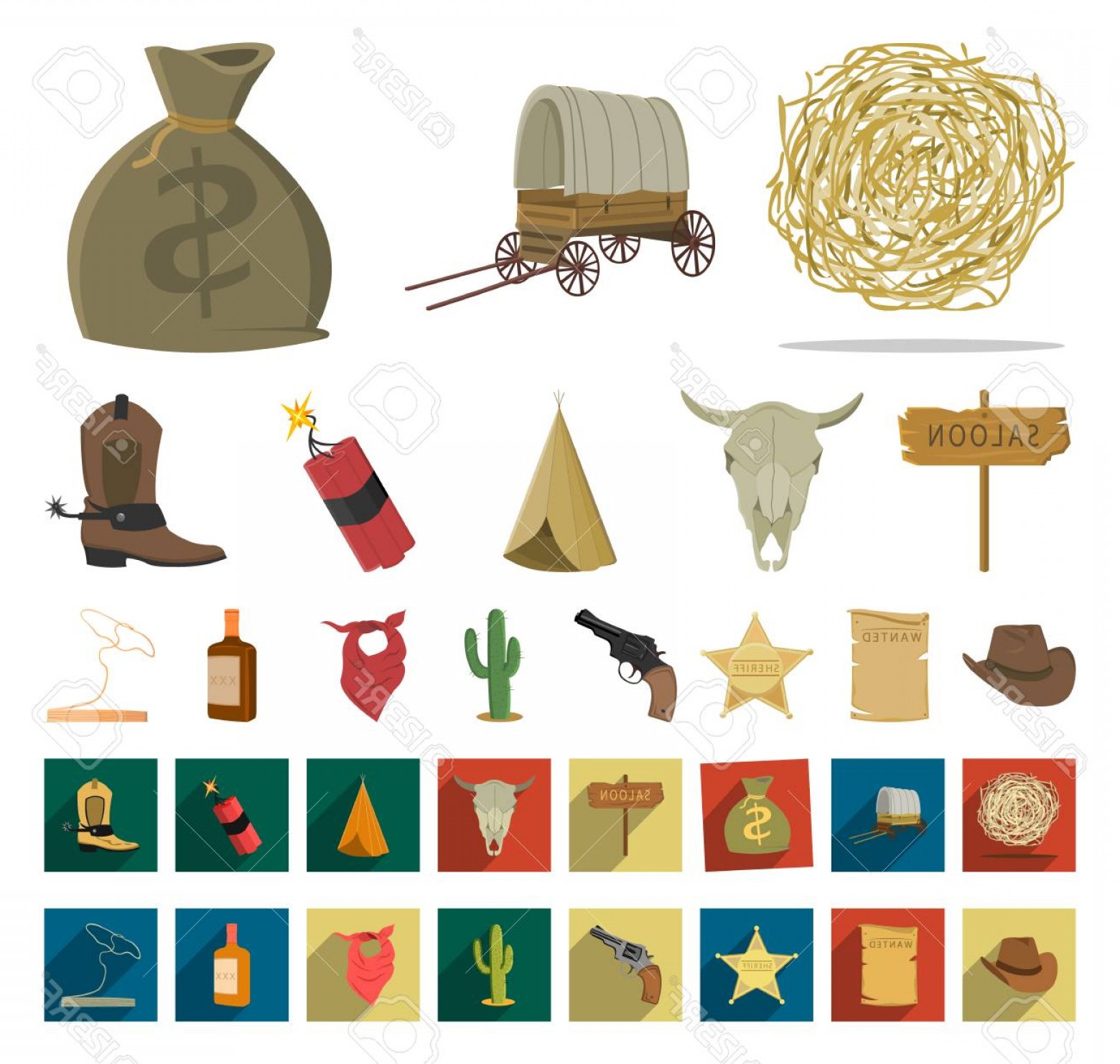 1560x1482 Photostock Vector Attributes Of The Wild West Cartoon Flat Icons