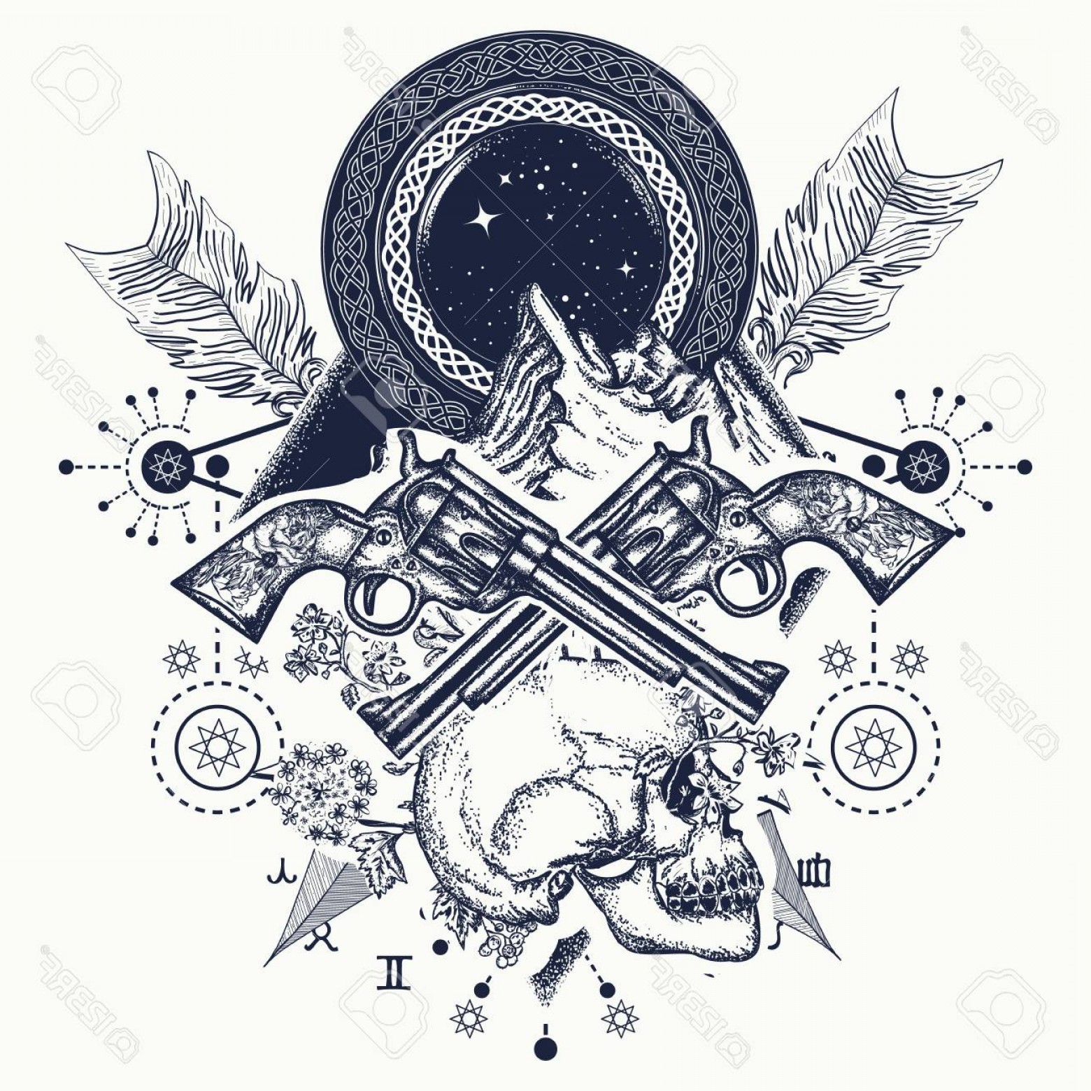 1560x1560 Photostock Vector Skull Guns And Mountains Crime Tattoo And T