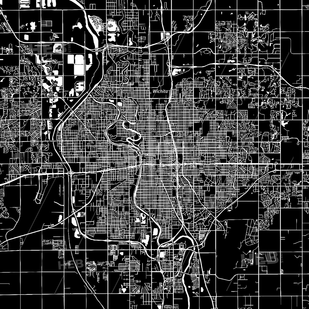 1000x1000 Wichita, Kansas, Downtown Map, Dark Hebstreits Sketches