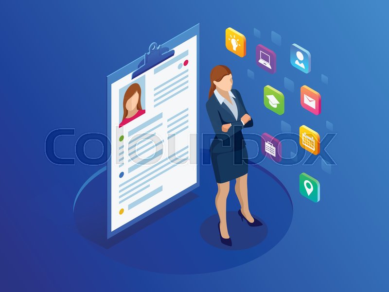 800x601 Isometric Woman And Cv Resume Stock Vector Colourbox