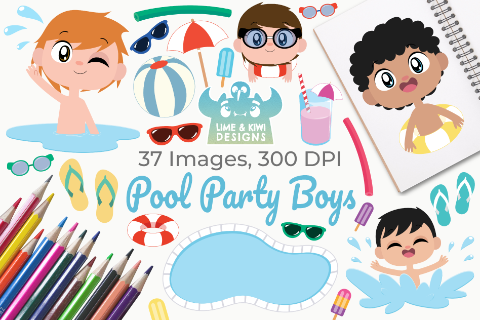 948x632 Pool Party Boys Clipart, Instant Download Vector Art