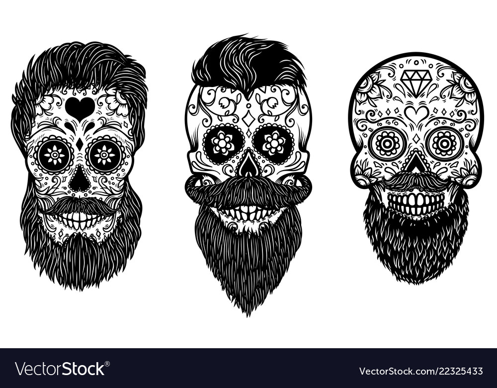 1000x780 Sugar Skulls Set Of Bearded Mexican With Pattern Vector Image