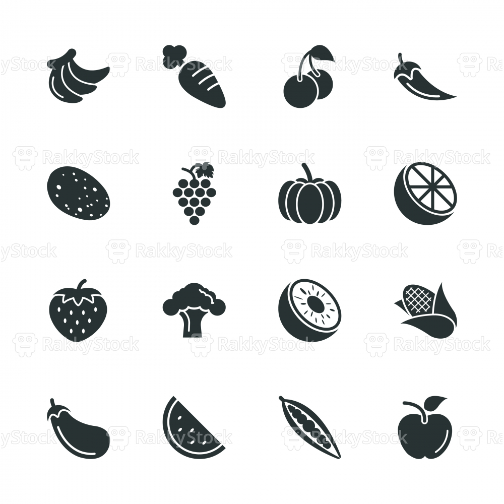 Fruit And Vegetable Silhouette Icons Set Vector Rakkystock 1000x1000 Fruit And Vegetable Silhouette Icons Set Vector Rakkystock