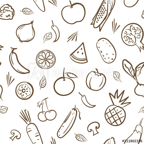 500x500 Sketch Of Cute Mix Fruits And Vegetables Seamless Pattern