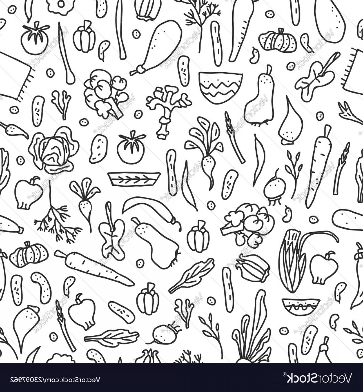 1200x1296 Seamless Pattern Of Vegetables Doodle Vector Handandbeak