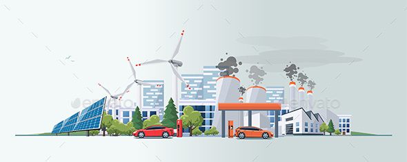 590x236 Vector Illustration Of Renewable Electric Vs Fossil Pollution