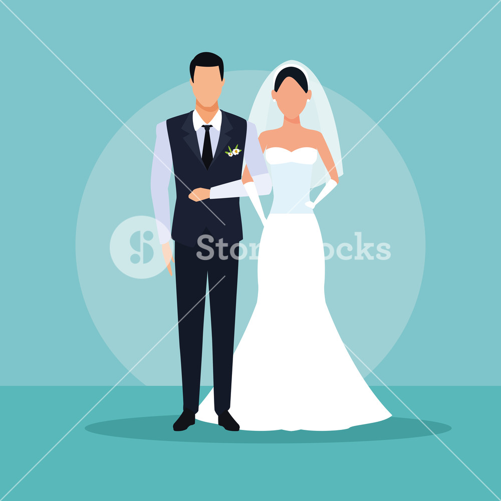 1000x1000 Wedding Couple Holding Arms With Waistcoat Tie And Veil Vector