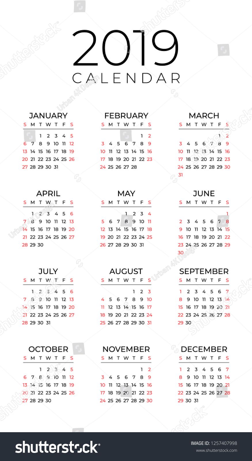 875x1600 Year Calendar, Vertical Vector Design Template, Simple