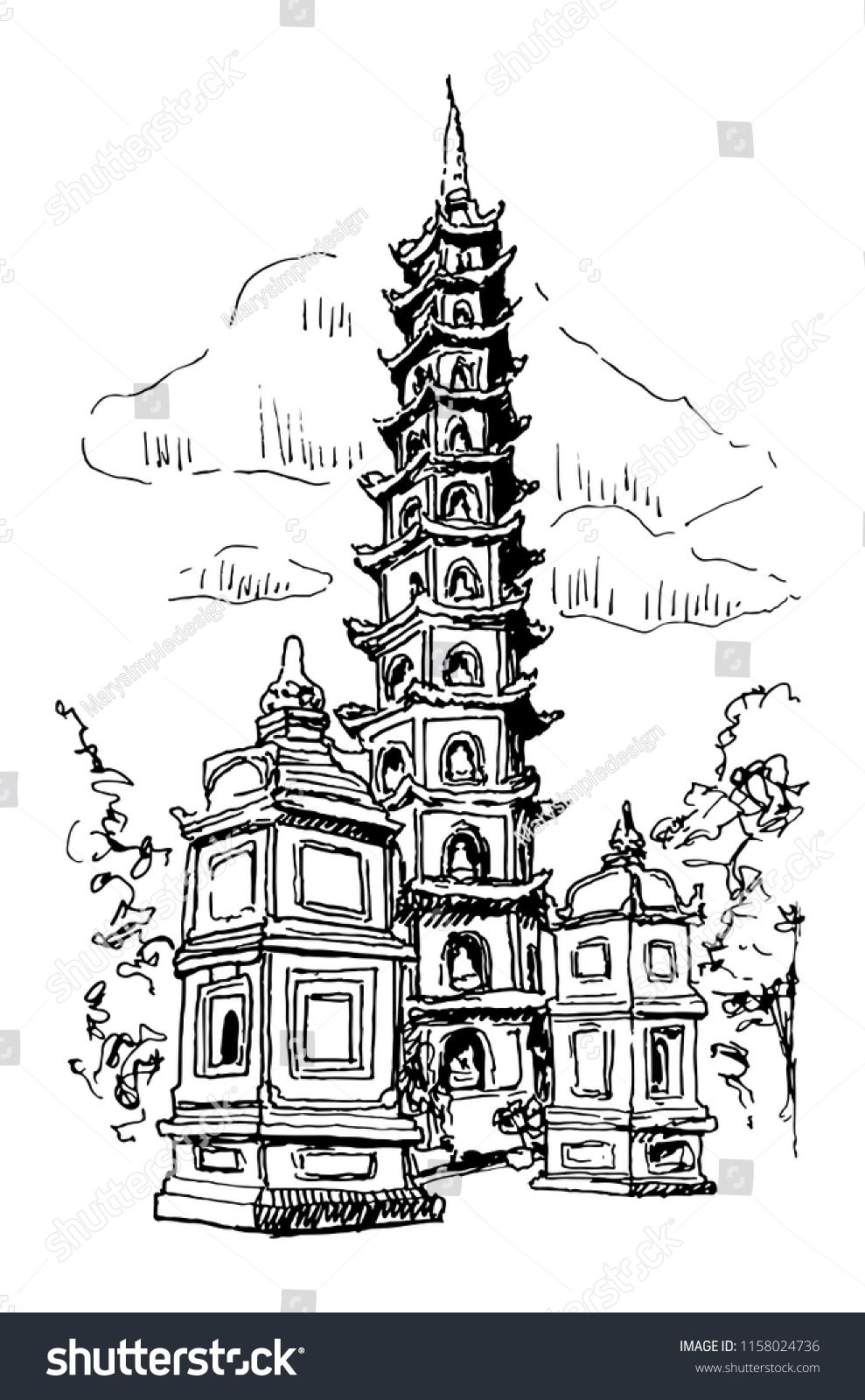 989x1600 Tran Quoc Pagoda In Hanoi In Vietnam Vector Sketch Illustration