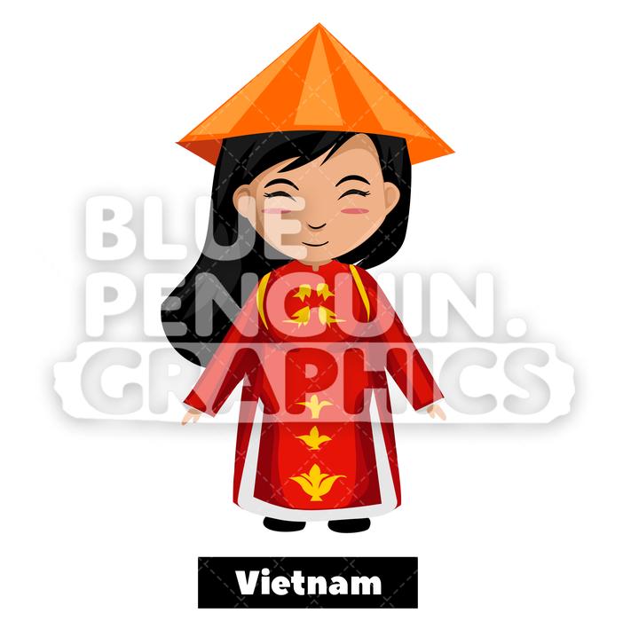 702x700 Cute Girl With Traditional Costume From Vietnam Vector Cartoon