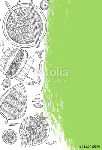 340x500 Vietnamese Food Flyer Design Linear Graphic Vector Illustration