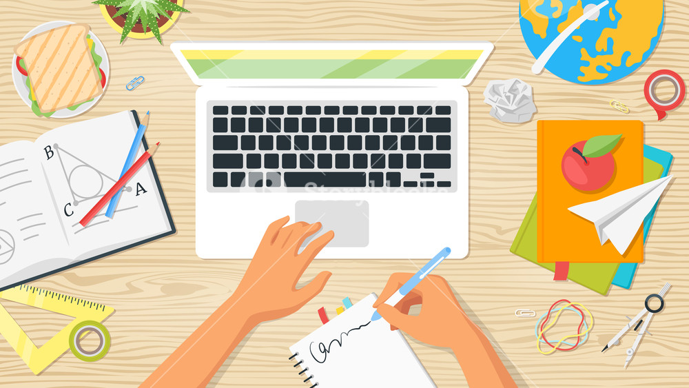 1000x563 School Workplace Overhead Desk Top View Vector Illustration