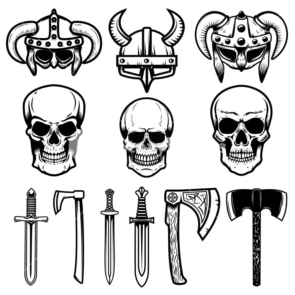 Set Of Viking Helmets, Weapon, Skulls Design Elements For Logo 1000x1000 Set Of Viking Helmets, Weapon, Skulls Design Elements For Logo