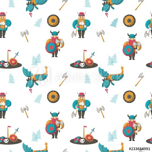 Vector Seamless Pattern With Vikings And Dragons 500x500 Vector Seamless Pattern With Vikings And Dragons