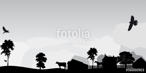 500x250 Grey Landscape With Trees And Village Stock Image And Royalty