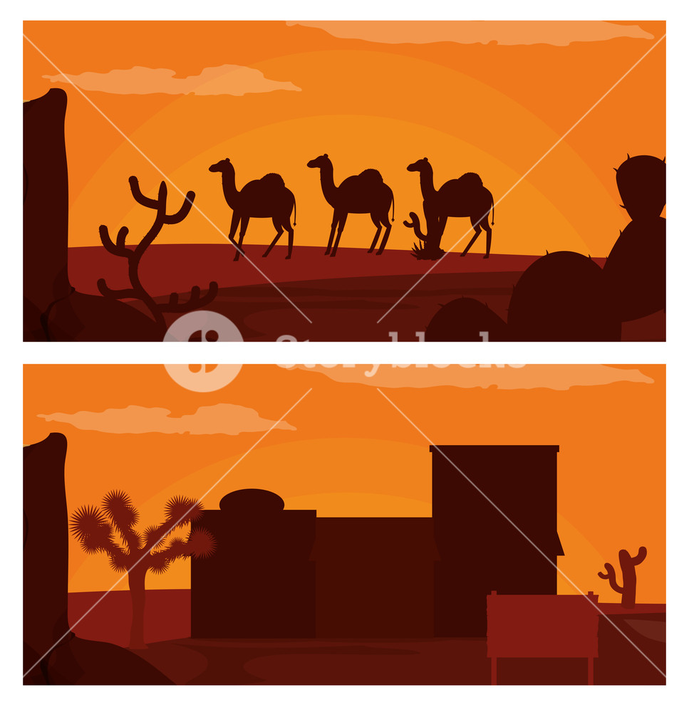 967x1000 Camels Walking On Desert And Western Village Vector Illustration