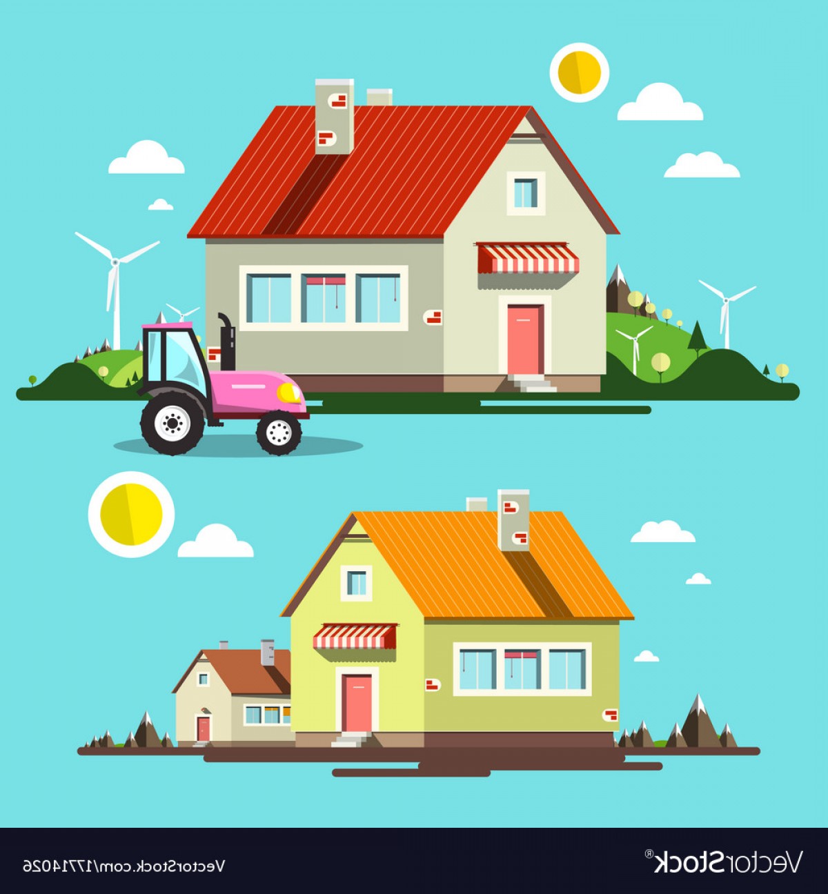 1200x1296 Flat Design House Houses And Tractor On Village Vector Geekchicpro