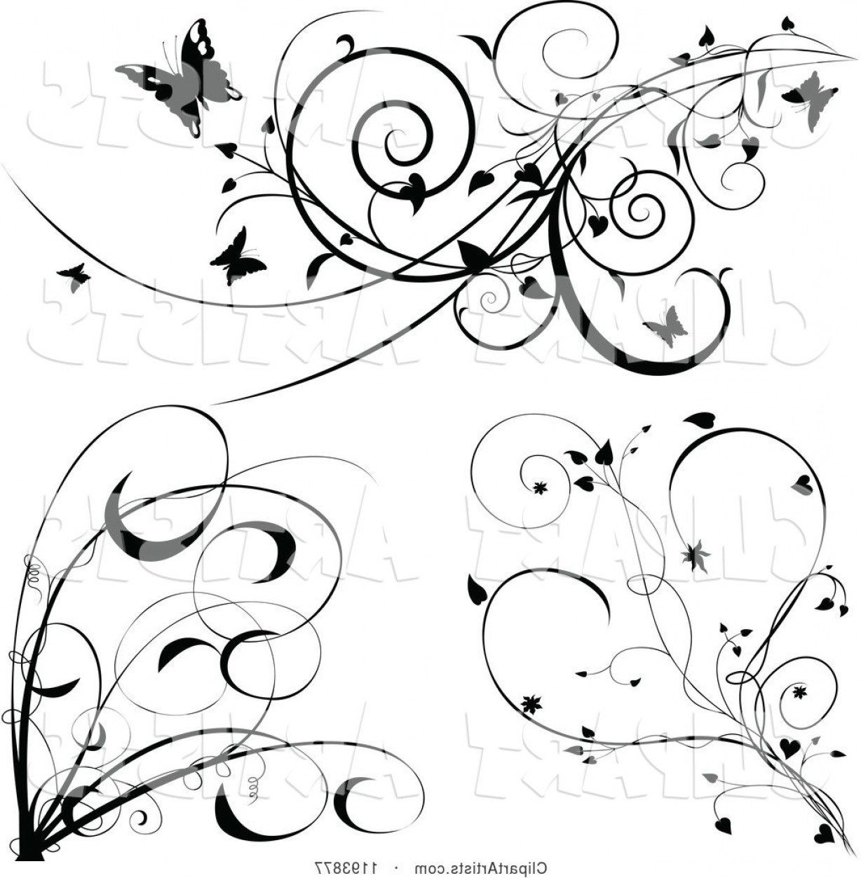 1228x1252 Vector Clipart Black And White Scrolling Vines With Butterflies