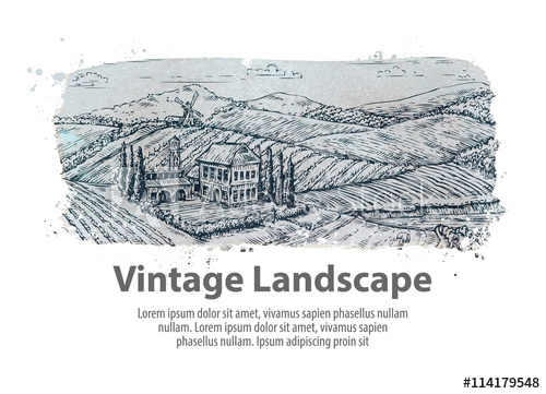 500x361 Farm, Farming Hand Drawn Sketch Rural Landscape Vineyard Vector