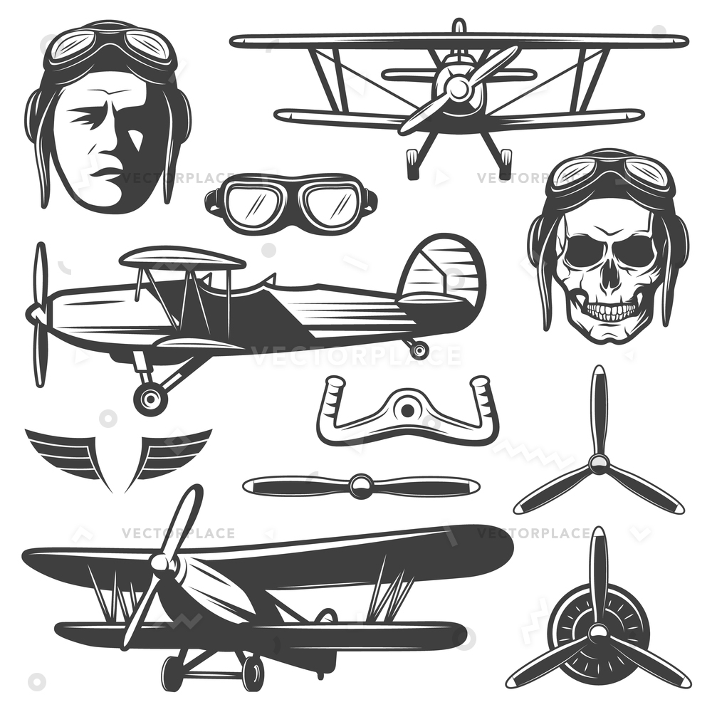 Vintage Aircraft Elements Set Face Pilot Vector Illustration 1000x1000 Vintage Aircraft Elements Set Face Pilot Vector Illustration