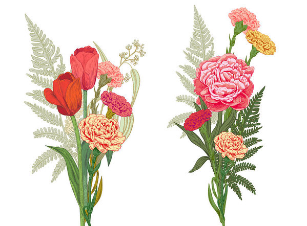 599x442 Bouquets Of Red, Pink, Yellow Flowers And Greenery Carnation