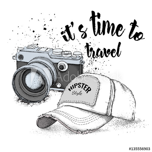 500x500 Hand Drawn Baseball Cap With Vintage Camera Vector Illustration