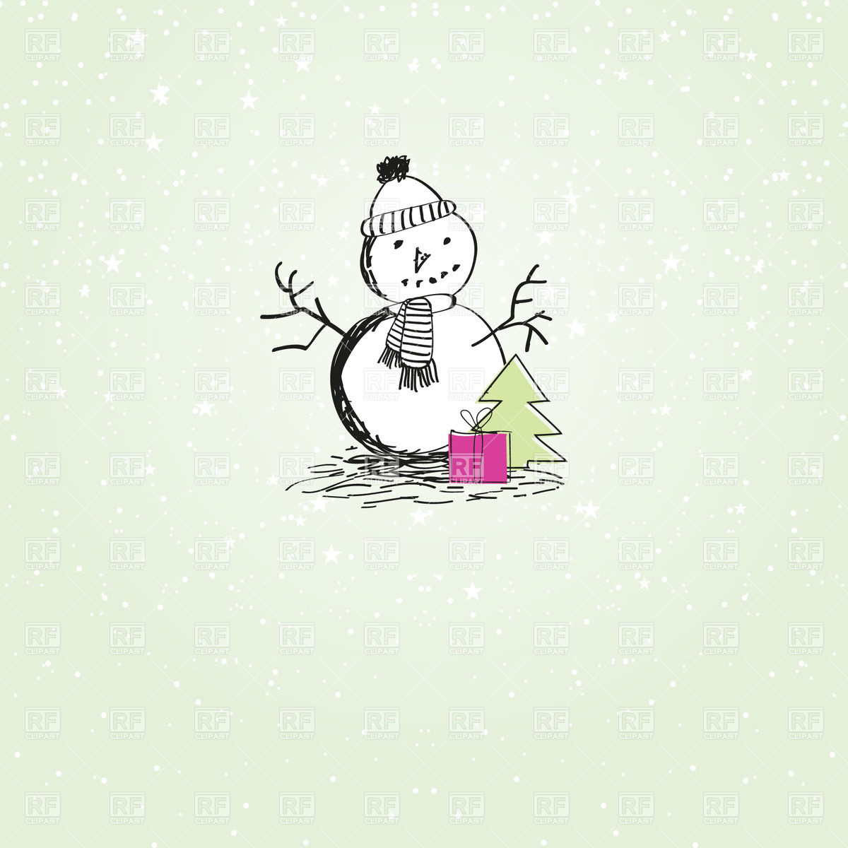 1200x1200 Cute Vintage Christmas Card With Snowman, Christmas Tree And Pink