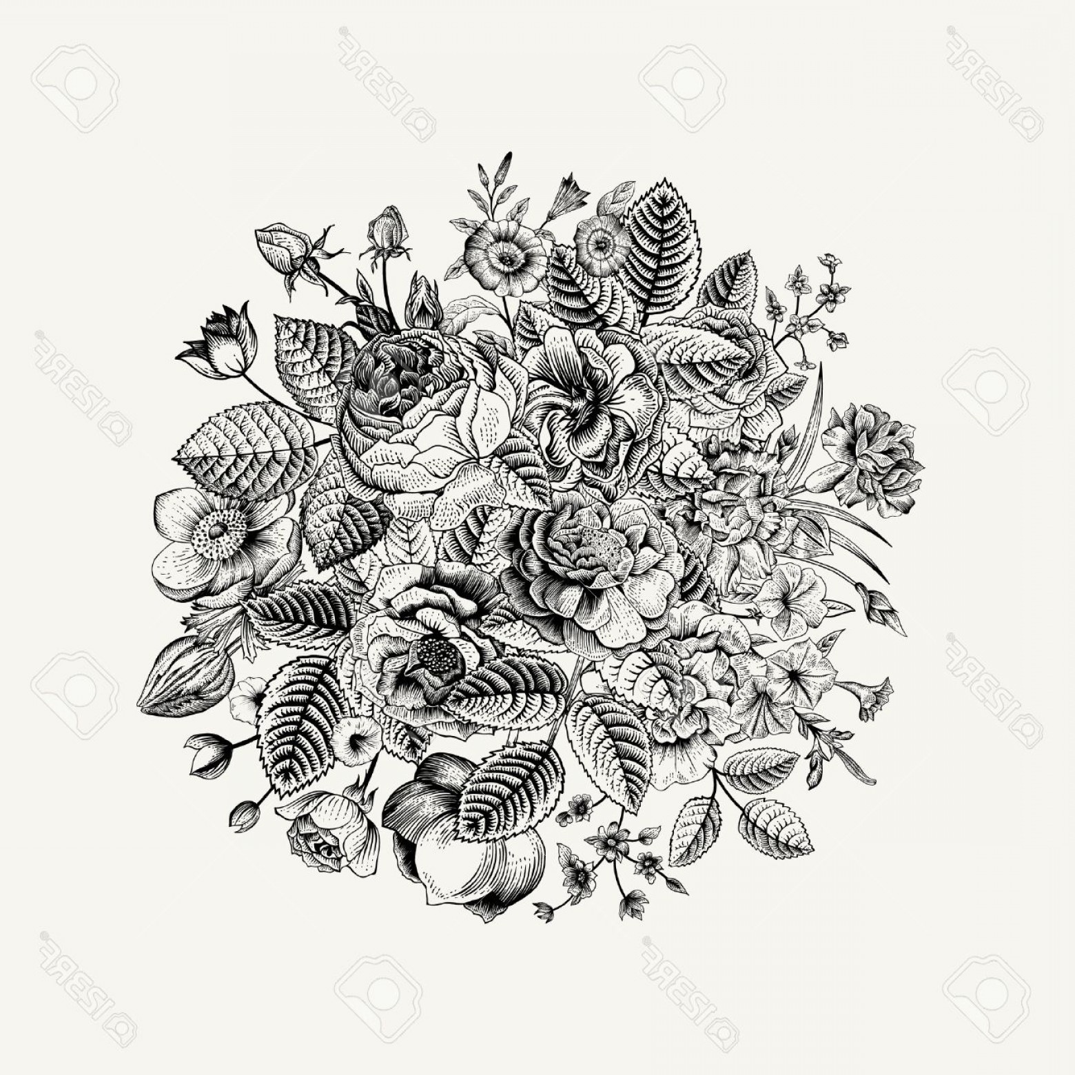 1560x1560 Photostock Vector Vintage Floral Vector Bouquet With Black White