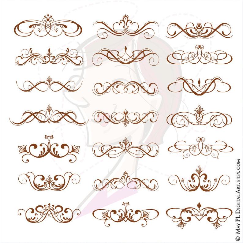 794x794 Flourish Vector Vintage Clip Art Dark Brown Floral Swirls Etsy