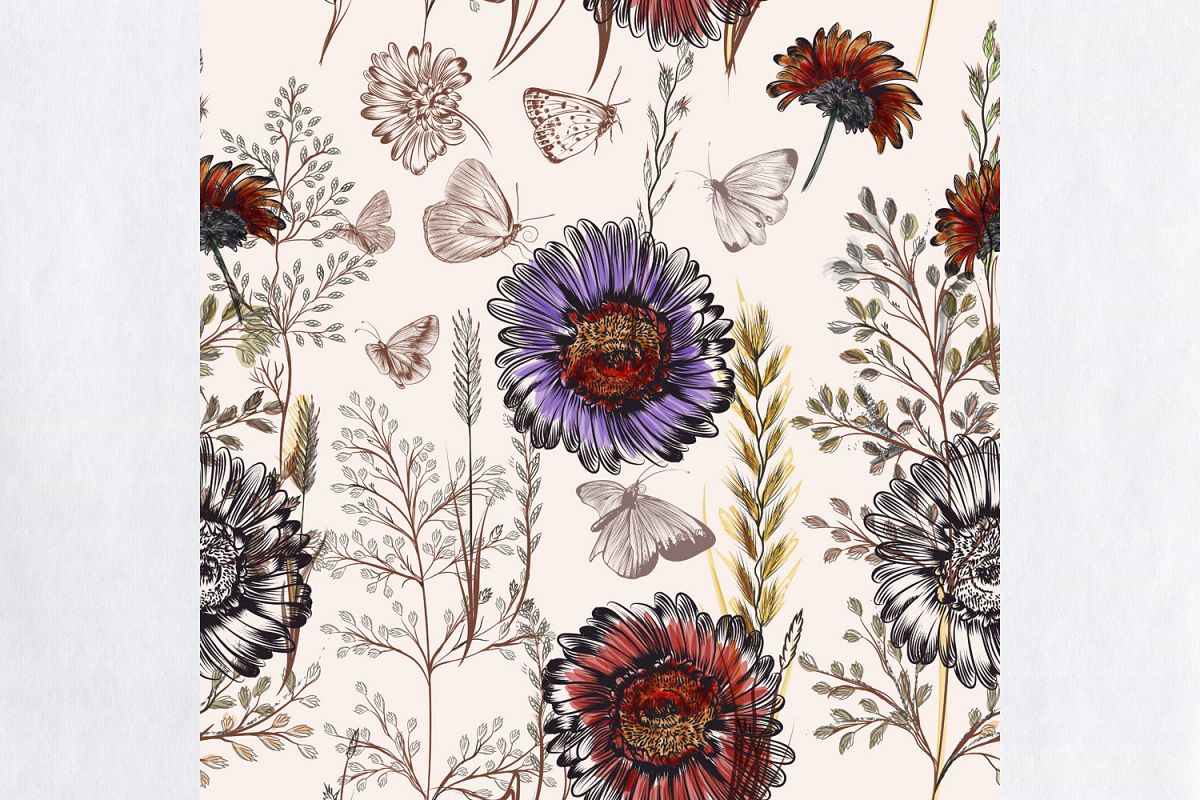 1200x800 Flower Vector Pattern With Plants Vintage Provance Style