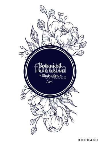 350x500 Vintage Flower Vector Frame Drawing Peony, Rose, Leaves And Ber