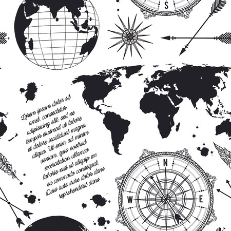 450x450 Pattern With Vintage Globe, Compass, World Map And Wind Rose