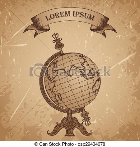 450x470 Poster With Vintage Globe Retro Hand Drawn Vector Illustration