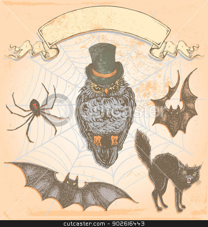 427x464 Hand Drawn Vintage Halloween Spooky Owl Vector Set Stock Vector
