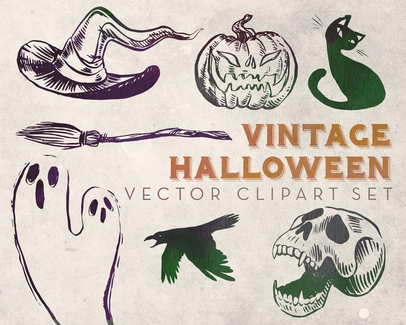 794x635 Spooky Vintage Halloween Vector Clipart Set Instant Download Etsy