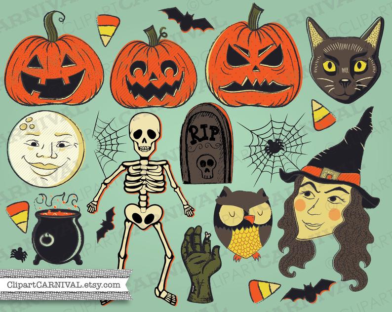 794x632 Vintage Halloween Clip Art Witch Jackolantern Pumpkins Bats Etsy