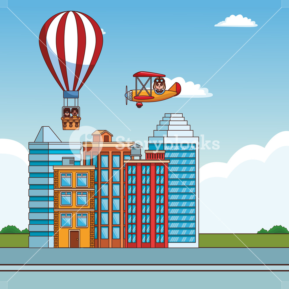 1000x1000 Kids Flying Around The City With Vintage Airplane And Hot Air