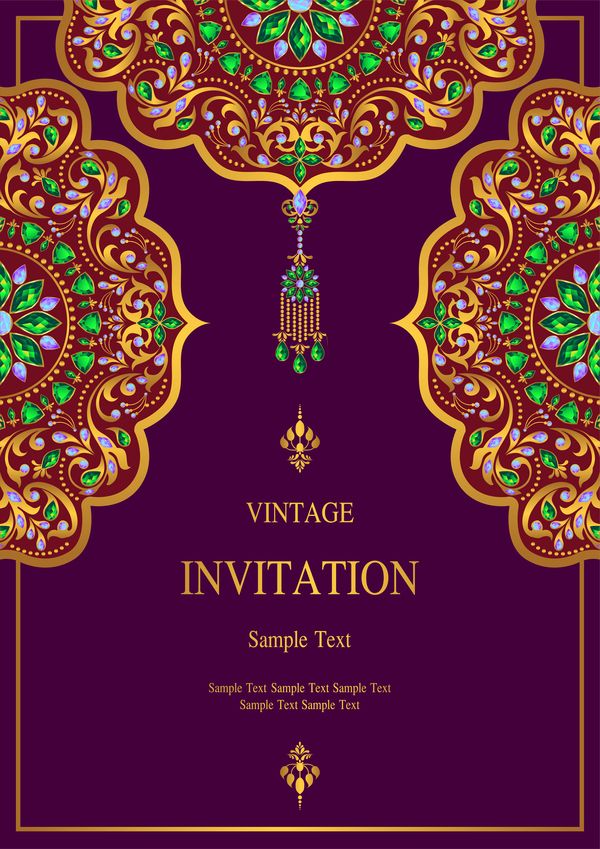 600x849 India Styles Vintage Invitation Card Vector Template Drawings