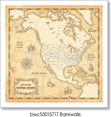362x382 Vector Vintage Us Map, Art Print Barewalls Posters Prints