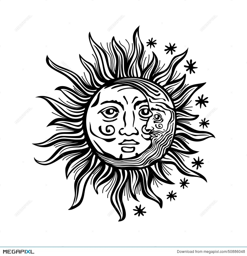 800x830 Illustration Sun Moon Star Human Faces Retro Vintage Vector