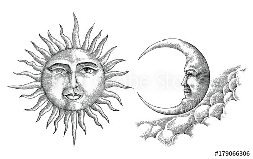 500x314 Vintage Moon And Sun Hand Drawing Vintage Style