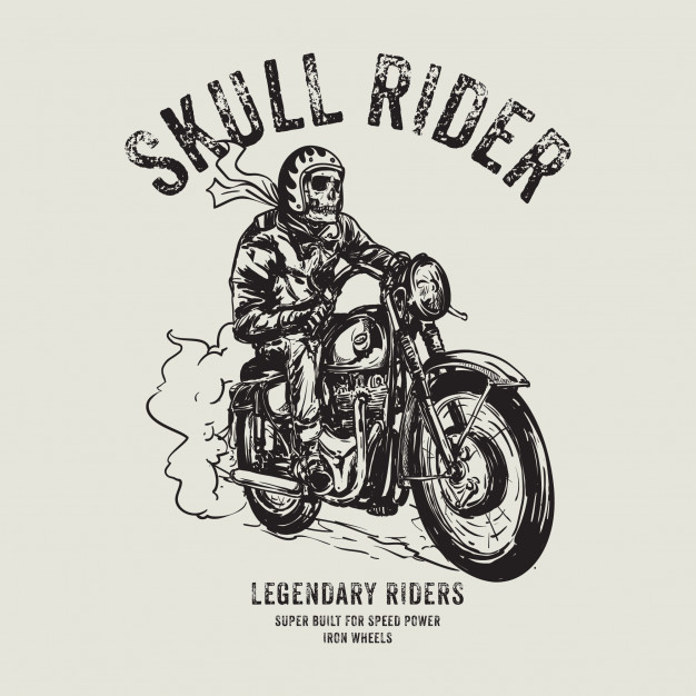 626x626 Hand Drawn Skull Biker Riding Vintage Motorcycle Vector Premium