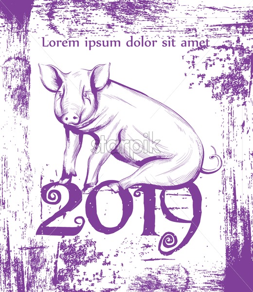 520x600 Happy New Year Pig Symbol Line Art Vector Vintage Retro Cute Pink