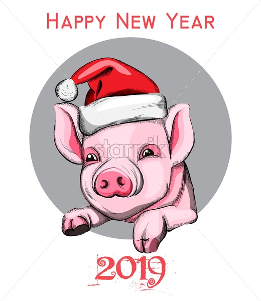 520x600 Happy New Year Pig Year Symbol Vector Vintage Retro Cute Pink Pig