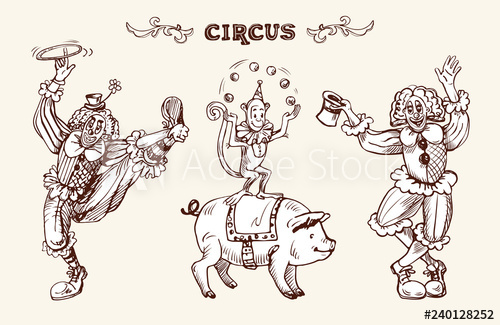 500x325 Circus Illustration With Clowns, A Juggling Monkey And A Pig