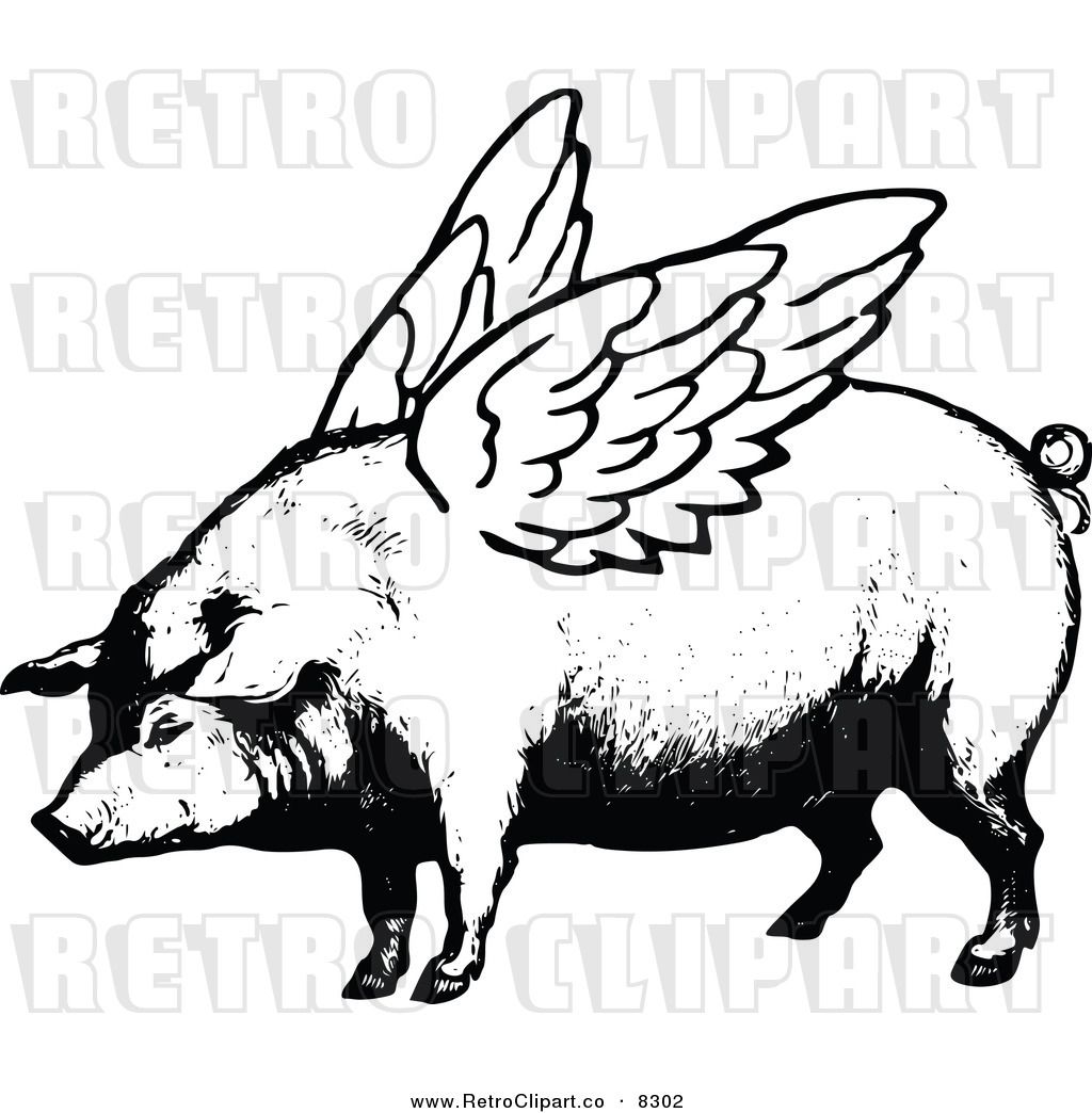 1024x1044 Vector Clipart Of A Retro Black And White Winged Pig