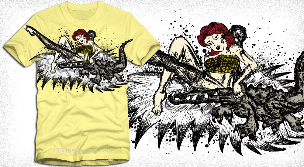 1000x550 Vintage Pin Up Girl With Crocodile Vector T Shirt Design