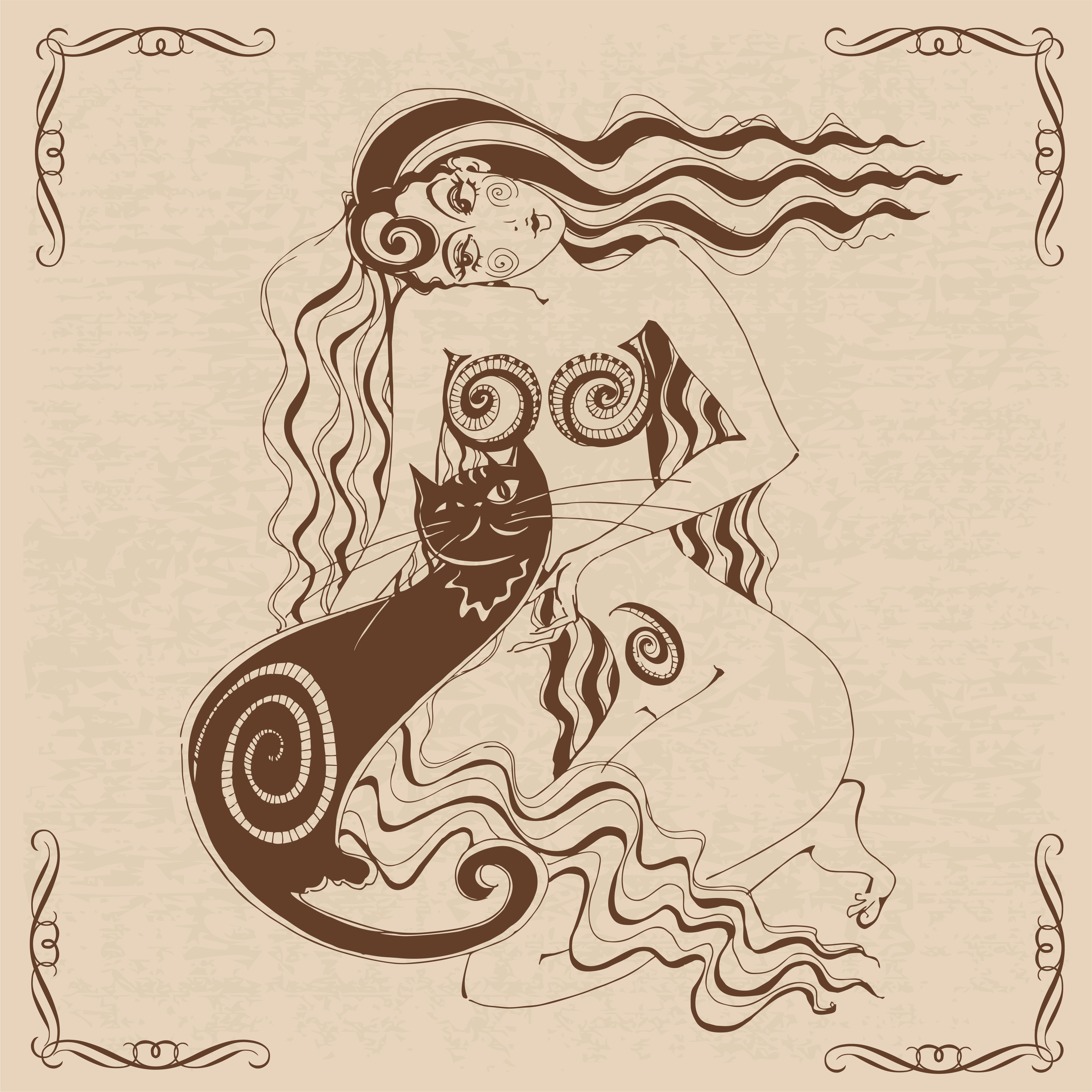 5001x5001 Girl With Cat Decorative Vintage Postcard Vector